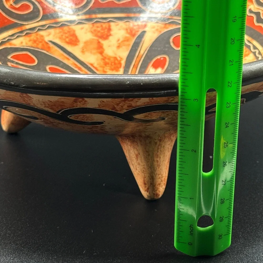 Hand Painted Tripod Bowl Butterfly Folk Art Terracotta Mexican Pottery Boho Vtg.